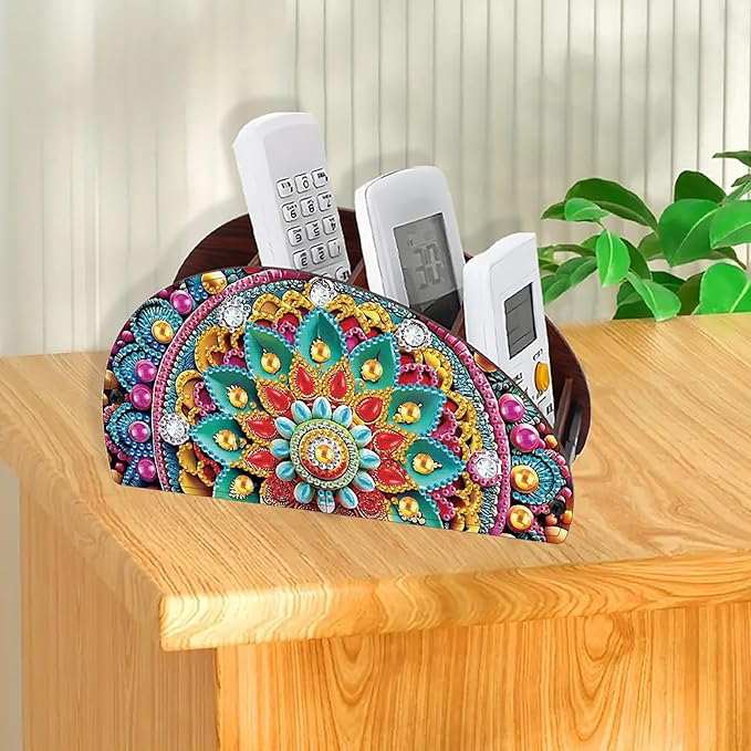 Remote Control Holder with 4 Compartments, DIY Diamond Art Painting Wooden Half Moon TV Control Holder for Remote Controllers, Office Supplies, Makeup Brush, Media Accessories-Mandala-5