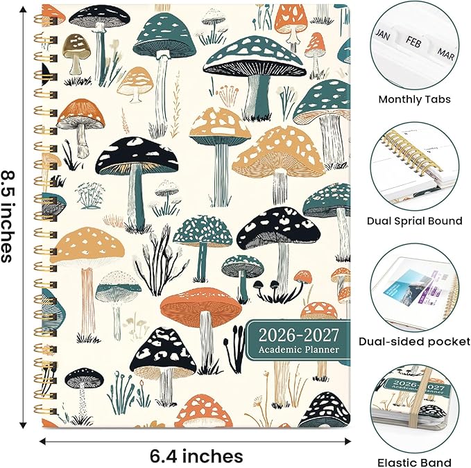 Academic Planner 2026-2027, Weekly and Monthly Calendar Book, July 2026 – June 2027, Hardcover Planner with Tabs, Perfect for Teachers, Students, Women & Men, A5 (6.4" x 8.5") - Mushrooms Grovel