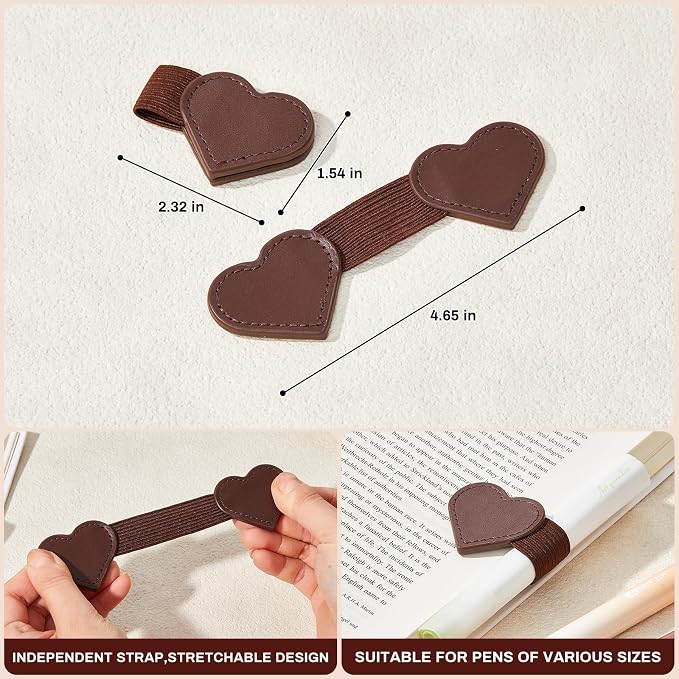 2Pcs Magnetic Leather Bookmarks with Gift Box Heart-Shaped Magnetic Pen Holder Book Marks Clip Gift for Book Lover Readers Cute Bookmark for Women, Brown