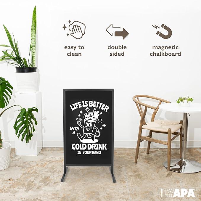Ilyapa Metal Double Sided Swinging Chalkboard Sign - 22x37 inch Magnetic Sidewalk Sign - A Frame Chalkboard Alternative Menu Board for Restaurant