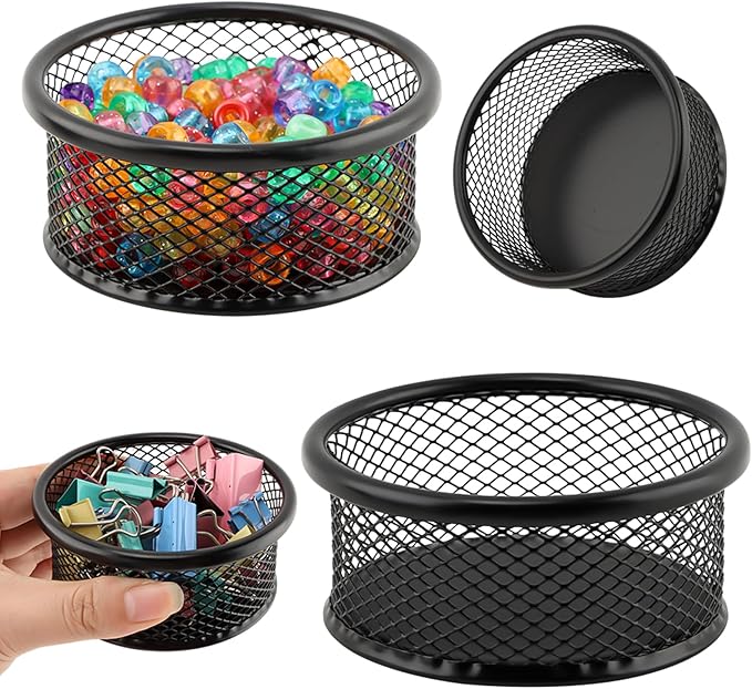 Paper Clip Holder, Stackable Mesh Desk Organizer, 4 Pack Black Metal Dispenser Organizer Box for Desk Office Binder Supplies & Small Accessories(SIZE:Round)