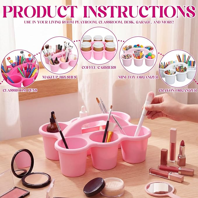Suclain 6 Pcs Classroom Caddy with Handle Plastic Caddy Organizer with 6 Compartments Drink Cup Caddies Holder Portable Desk Crayon Storage Basket Pin for Teacher Kids Office School(Pink)
