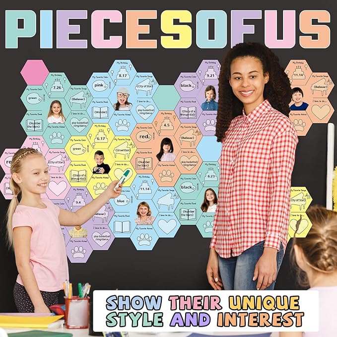 QOUBAI Hexagon Pieces Bulletin Board Set Pieces of Us Classroom Bulletin Board Decorations All About Me Cutouts Classroom Decorations for Back to School Office Home Chalkboard Decor Wall Door
