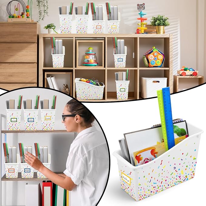 Jinei 24 Pack White Book Bins for Classroom Bulk Confetti Book and Binder Holders with Name Labels Assorted Color Plastic Classroom Organization Basket Box Teacher Storage Bins for Home Office