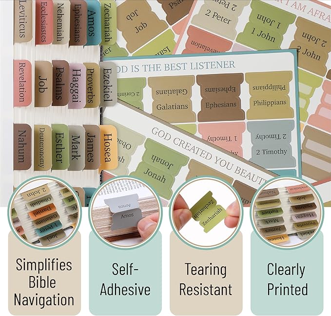 Mr. Pen- Bible Tabs, 75 Tabs, Boho Style, Laminated Bible Tabs for Women and Men, Bible Tabs for Study Bible, Large Print Bible Index Tabs, Bible Book Tabs, Bible Labels Tabs, Mr. Pen Bible Tabs