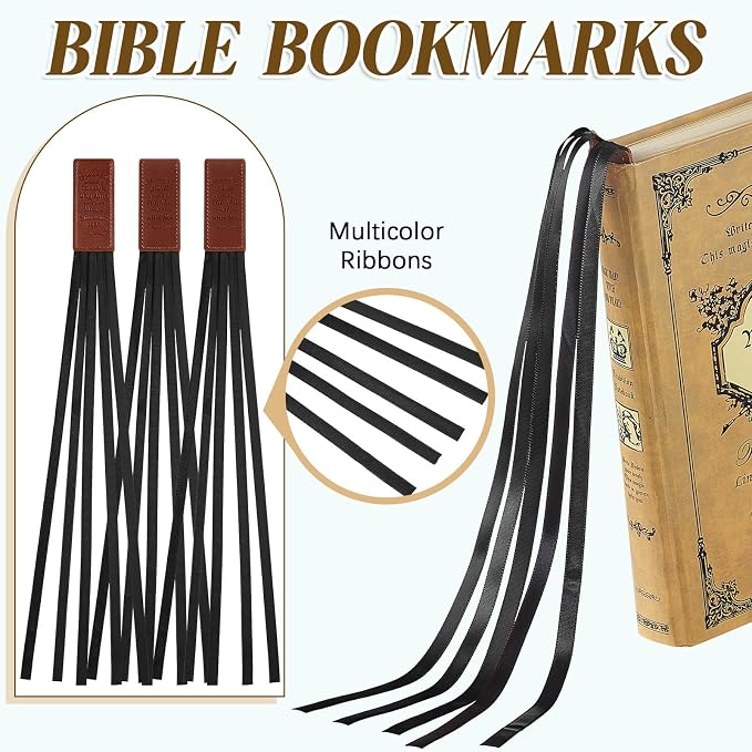 Outus 3 Pieces Bible Ribbon Bookmark Markers Artificial Leather Bookmark with Ribbons for Books Office(Inspirational,Black)