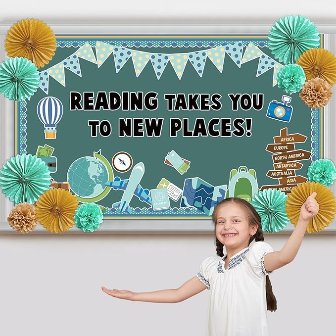 Reading Travel Bulletin Board Decorations with 3D Tissue Paper Flowers Paper Fan Back to School Reading Adventure Begin Classroom Decor Bulletin Board Border Cutouts Set Motivational School Supplies