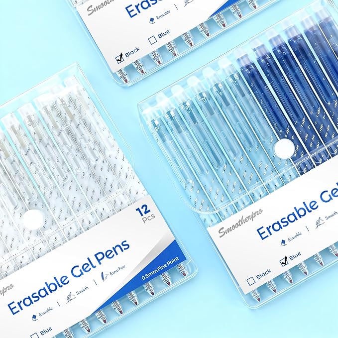 SMOOTHERPRO Erasable Pens Blue | 12 Pcs Rub Out Biros | 0.5 mm Fine Point Friction Pen with Rubbers on the End | for Writing Colouring Adult Office Supplies (ERP012BU)