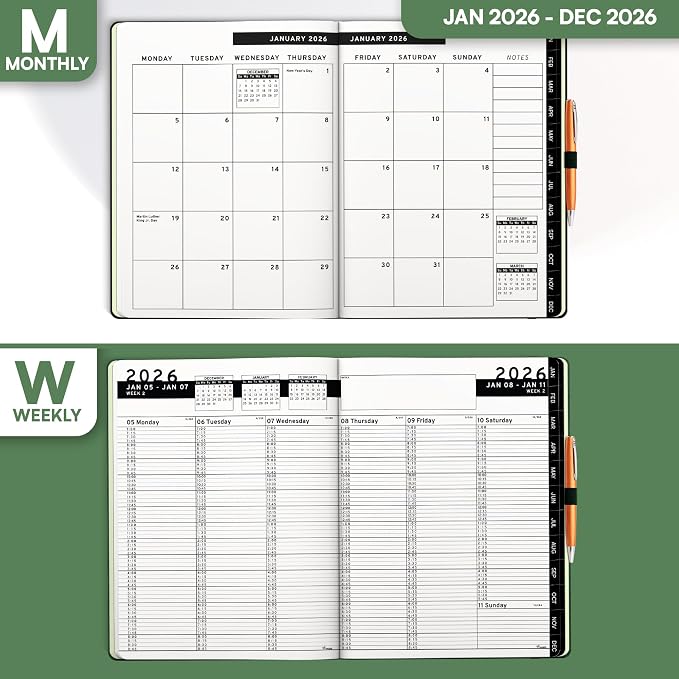 Ensight 2026 Hardcover Appointment Book & Planner 8.5" x 11" inches Large Tabbed Daily Hourly Weekly Planner Schedule Book 15 Minute time Slots Business & Personal Planner Jan 2026 Dec 2026 Dark Green