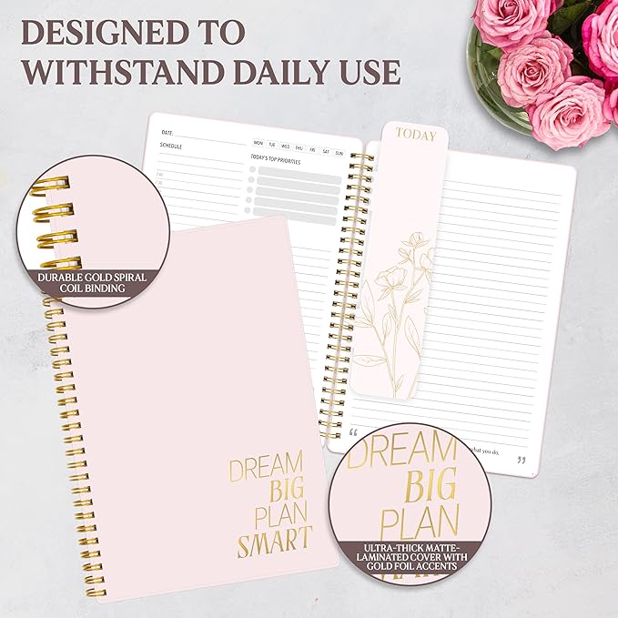 Decorably 168 Pages Undated Daily Notebook for Work with Hourly Schedule - 6.3x9.3in Gold Spring-Bound, with Top Priorities, to-dos, Notes, Ideas & Inspirational Quotes - Home, School, Office