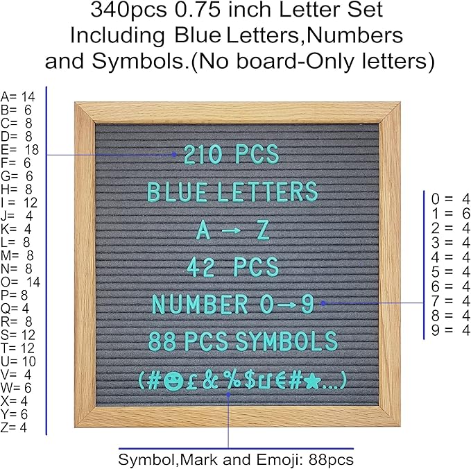 Felt Letter Board Letters Sets - Pre-cut 340pcs 3/4 Inch(0.75") Blue Letters with Canvas Bag(No Board Included)