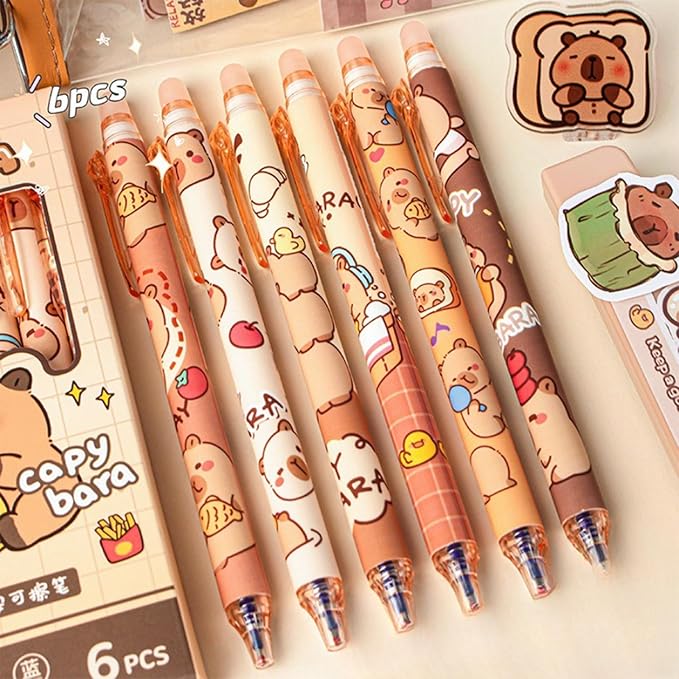 6 Pcs Capybara Erasable Gel Pens Retractable Pens - Erasable Gel Ink Pens Cute Cartoon Design, 0.5mm Fine Point Blue Ink, Perfect for Office, School