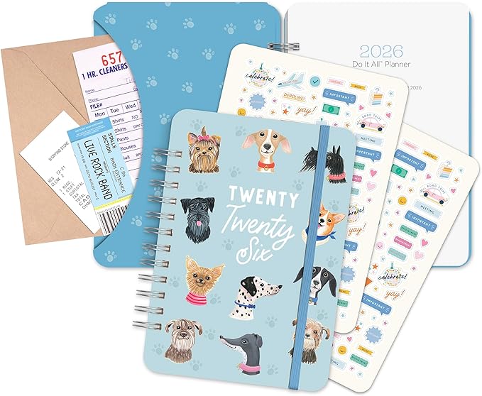 Orange Circle Studio Academic Planner 2025-2026, Doggone Cute, 17-Month, August 2025 to December 2026, 8.78" x 6.1", Wire-O Bound, Dotted Grid Week-Per-Spread View, To-Do Lists, Budget & Goal Trackers