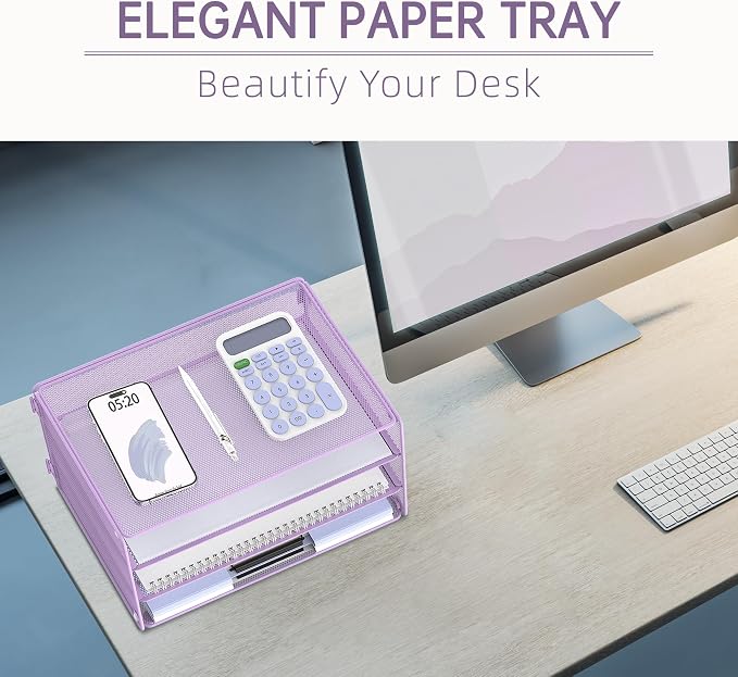 DALTACK 3 Tier Letter Tray Paper Organizer for Desk, Mesh Metal Desk File Organizer with Sliding Trays for Letter/A4 Paper, Mail, Bills & Folders, Light Purple