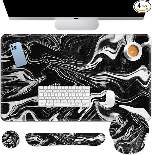 Britimes Black White Marble Keyboard Mouse Pad Set 4in1 Large Mousepad+Keyboard Wrist Rest+Mouse Wrist Rest+Coaster Ergonomic Design for Home Office Computer 35.4x15.7 inches