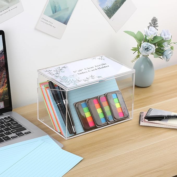 BTSKY Clear Acrylic 5 x 8 inch Index Card Box with Sign Lid - Index Card Holder Notecard Box Recipe Card Box Plastic Storage Organizer for Filling Index Cards, Note Cards, Flashcards, Recipes