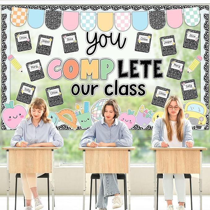Composition Notebook Bulletin Board Decoration Set Welcome Classroom Decoration You Complete Our Class Bulletin Board Pastel Notebook Pencil Cutouts for School Classroom Chalkboard Wall Decor Supplies
