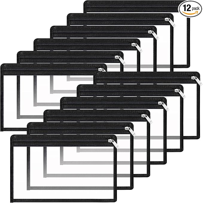 12 Pcs Clear Zipper Pouches, Multi Purpose Pouch Document File Organization Bags, Pencil Pouches, Envelopes Folder Storage for Document Storage, Office Supplies (Black Edgin,13 x 10.5 Inches)