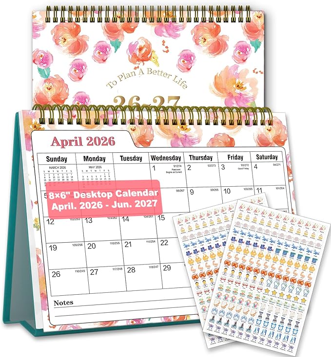 Small Desk Calendar 2026-2027 - Standing 2026 Desk Calendar, APR.2026 to JUN.2027, 8" x 6", Monthly Flip Desktop Calendar with Stickers, Your Personal Desk Planner for Home Office