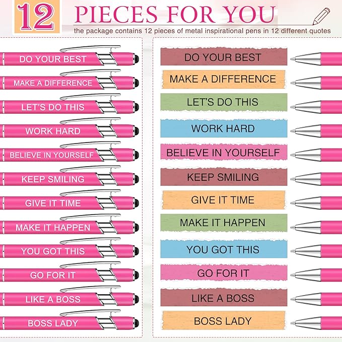 Zonon 12 Pcs Inspirational Pens Gift Set Funny Ballpoint Pen with Stylus Tip Motivational Graduation Gifts Bulk for Teacher Coworkers Nurse School Office Supplies(Pink,Boss Lady)