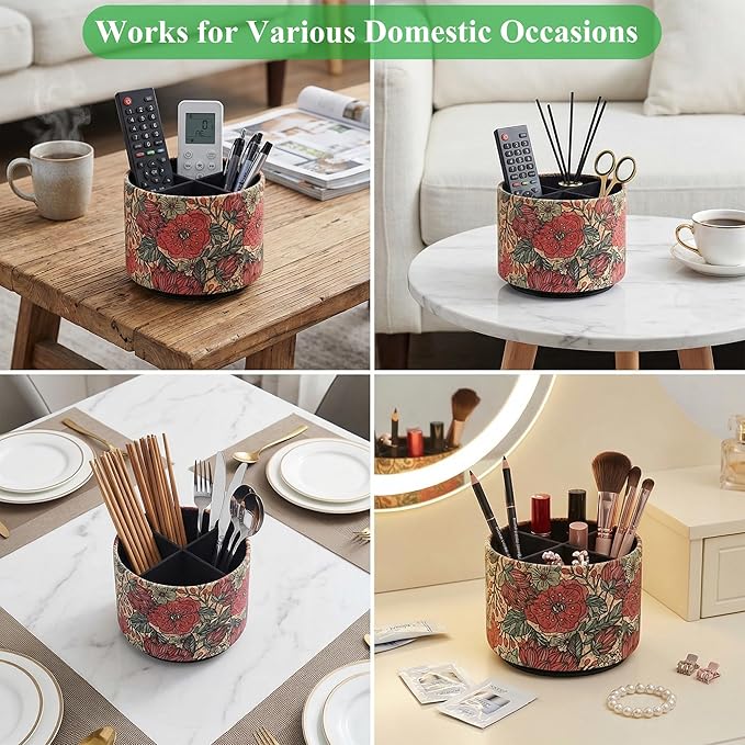 Round Leather Art Supply Organizer,Remote Control Holder,360 Degree Spinning,Multi-Functional Pencil Holder,4 Compartments Desktop Stationary Organizer(1-Red Rose)