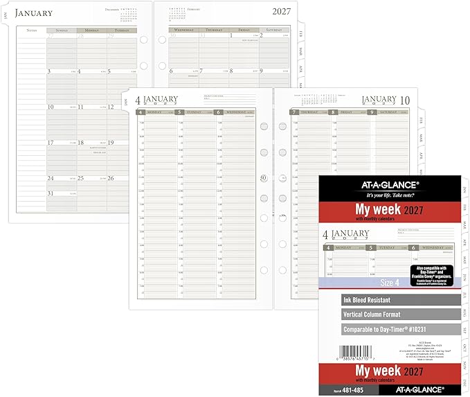 AT-A-GLANCE 2027 Planner Refill, Weekly & Monthly, 5.5" x 8.5", Desk Size 4, Column-Style, Tabbed, 7-Ring Loose-Leaf (481-485-27)