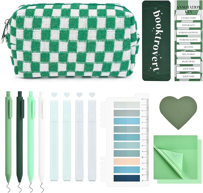 14 PCS Aesthetic Book Annotation Kit Large Checkered Pencil Case Book Lover Bookmark Dual Highlighters Gel Pens Study Supplies Stationary Set for Student Green