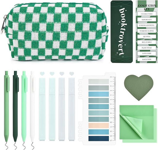 14 PCS Aesthetic Book Annotation Kit Large Checkered Pencil Case Book Lover Bookmark Dual Highlighters Gel Pens Study Supplies Stationary Set for Student Green