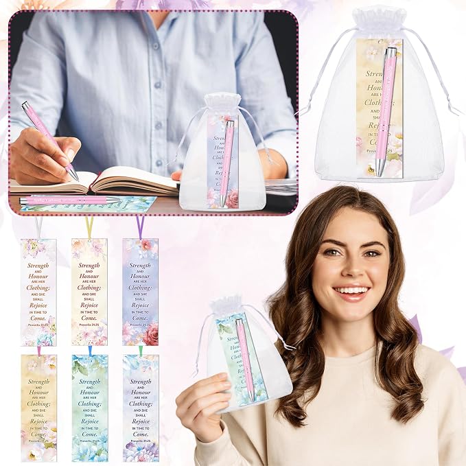 Dispowreath 24 Pcs/12 Sets She Is Clothed with Strength and Dignity Bookmark with Pen 12 Proverbs 31: 25 Bookmarks, 12 Inspirational Bible Verse Pen for Women Men Christian Gifts Church Party Supplies