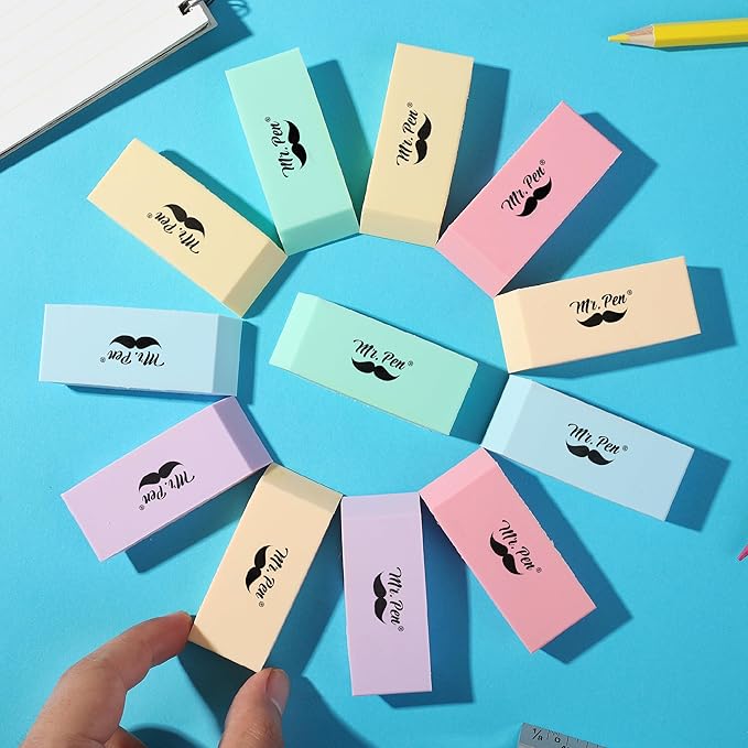 Mr. Pen- Pencil Eraser, 12 Pack, Pastel Colors, Large Latex Free Block Erasers for School, Office, Art Sketching, Homework, Exams, Clean Smudge-Free Correction