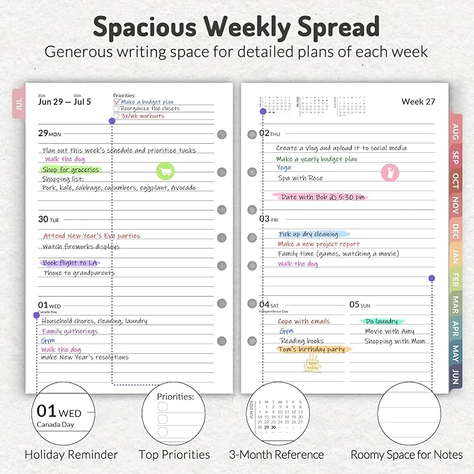 2026 Weekly & Monthly Planner Refills for A5 7-Ring Binders, July 2026 - Jun 2027, Forvencer 7-Hole Punched Planner Inserts with Colorful Monthly Tabs, Small Calendar Organizers, 5-1/2" x 8-1/2"