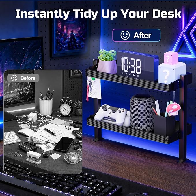 2-Tier Clamp On Desk Shelf, 17 inch Adjustable Desk Organizer with Hooks, Heavy Duty Desk Storage Shelves Holds 44 lbs, No Drill Desktop Shelf for Home Office, Gaming & Desk Accessories