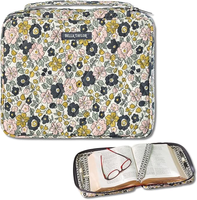 Bella Taylor Quilted Bible Cover for Women - Large Study Bible Case - Delicate Floral Charcoal