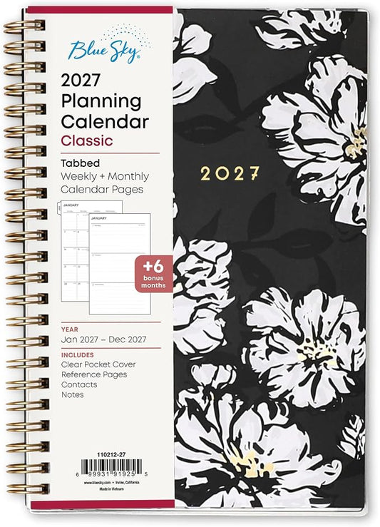 Blue Sky 2027 Weekly and Monthly Planner Calendar, January 2027 - December 2027, 5" x 8", Clear Pocket Cover, Laminated Tabs, Durable Twin Wire Binding, Baccara Dark
