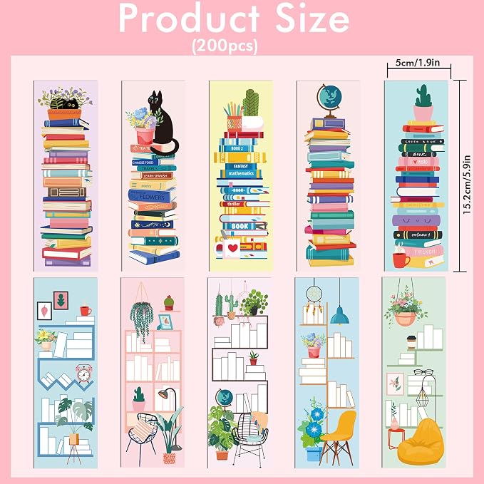 200 Pcs Bookshelf Bookmarks Bulk for Reading: Cute Book Tracker Bookmark for Kids Women, Creative Paper Book Marks Bookish Gifts for Book Lovers Students Stationery Back to School Supplies
