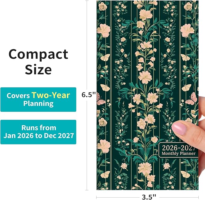 Pocket Calendar 2026-2027 for Purse, Two Year Monthly Planner Pocket Size 6.5" x 3.5", Jan 2026 - Dec 2027 Monthly Planner Small Calendar for School, Work and Home - Botanical Waltz