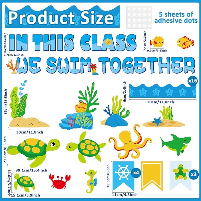 QOUBAI Sea Turtle Bulletin Board Set Ocean Themed Classroom Bulletin Board Decorations Under The Sea Turtle Cutouts Classroom Decorations for Back to School Office Home Chalkboard Decor Wall Door