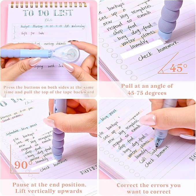 Temiary 4 Pcs White Correction Tape Pen, 19.69 ft Smooth Pull Out Tape Pens, Instantly Dry, Easy to Use Applicator for School Office Supplies (Multicolor)