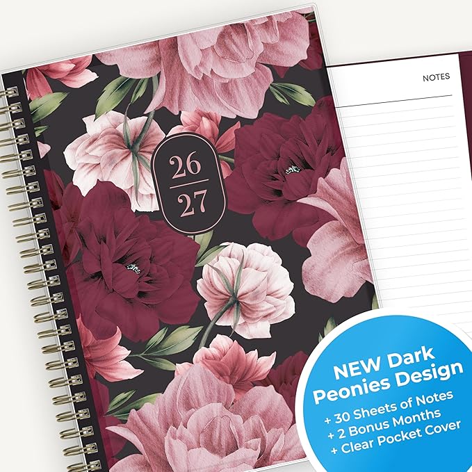 Blue Sky 2026-2027 Weekly and Monthly Academic Year Planner Calendar, July 2026 - June 2027, 5.875" x 8.625", Flexible Pocket Cover, Wirebound, Laminated Tabs, Includes Extra 30 Sheets of Notes, Dark Peonies