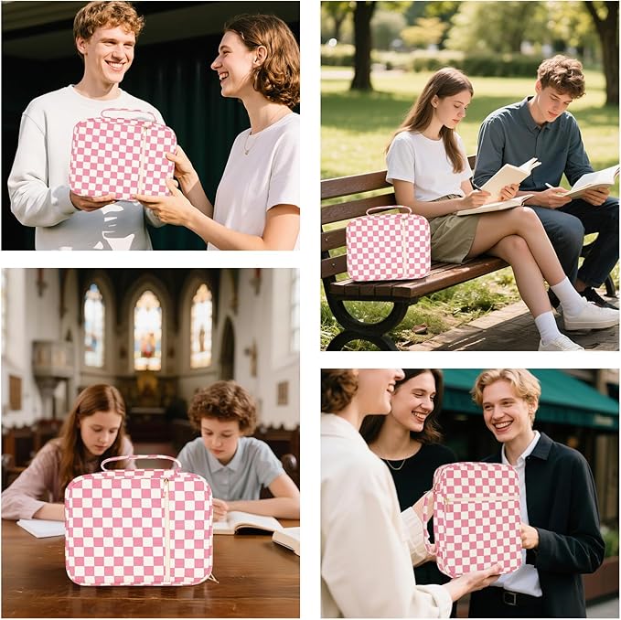 Bible Cover Case for Women Corduroy Bible Case for Girls Checkered Large Bible Cover with Handle Bible Study Supplies Accessories Christian Gifts for Women (Pink, Medium)