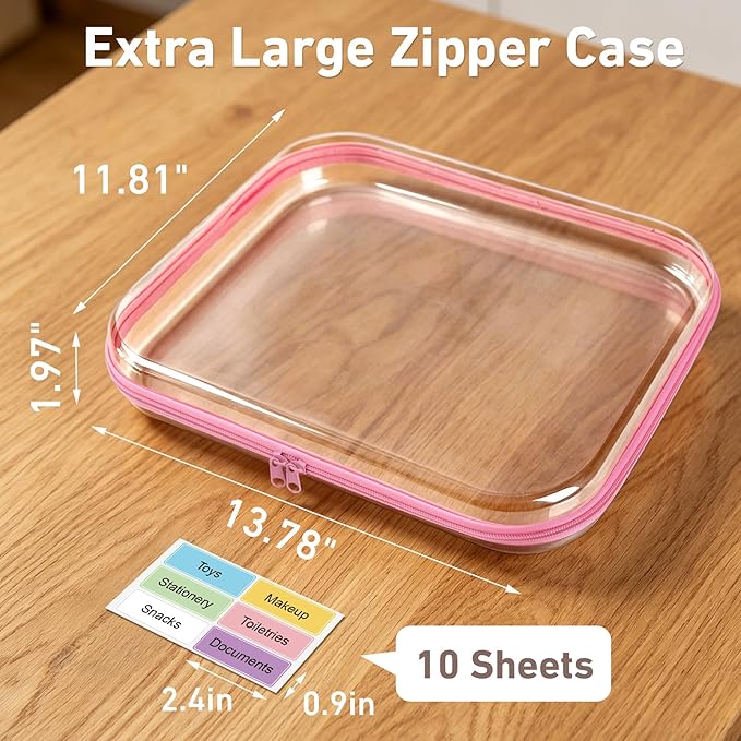 3 Pack Extra Large Clear Hard Shell Zipper Case with Labels, Crush Proof Plastic Storage Bins for Home Organization, Hard Case for Board Games Puzzles Toys Stationery Makeup A4 Documents, Pink