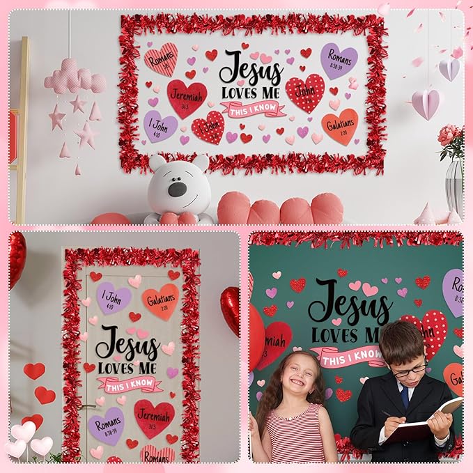 Fuutreo 57 Pcs Easter Christian Bulletin Board Set Religious Jesus Loves Me This I Know Heart Cutouts with Tinsel Twist Garland for Sunday School Classroom Decor