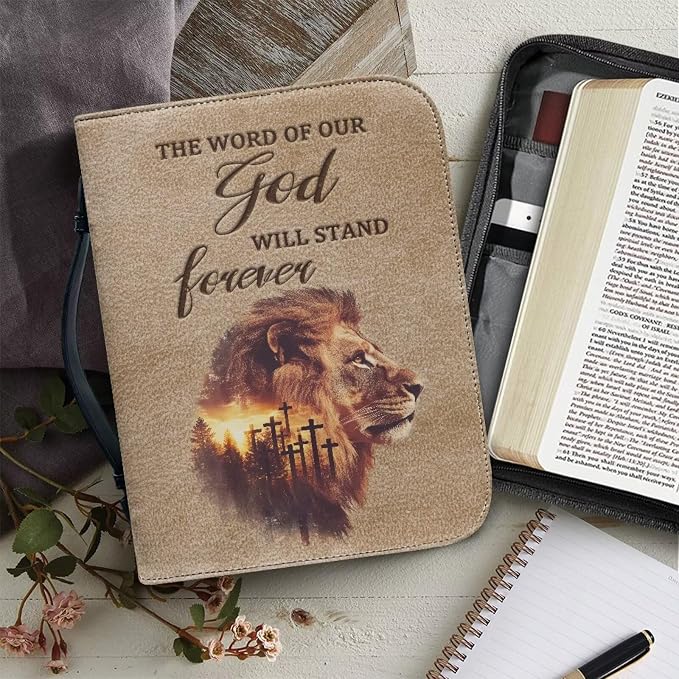 Bible Covers for Women Lion Cross Monogram Waterproof Bible Holder Case for Man Portable Bible Protector PU Leather Bible Organizer Bag Large Size