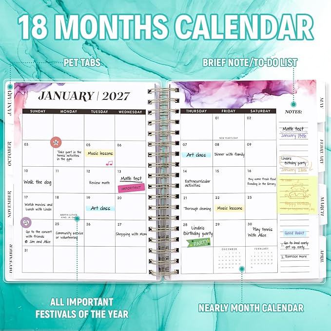 Planner 2026-2027, Large 18 Months Academic Daily Weekly Monthly Planner Yearly Agenda Jan. 2026–June. 2027, 7.9" x 9.8", Page Tabs, Separator Page, Pocket Folder, Bookmark, Stickers, Sticky Note Set