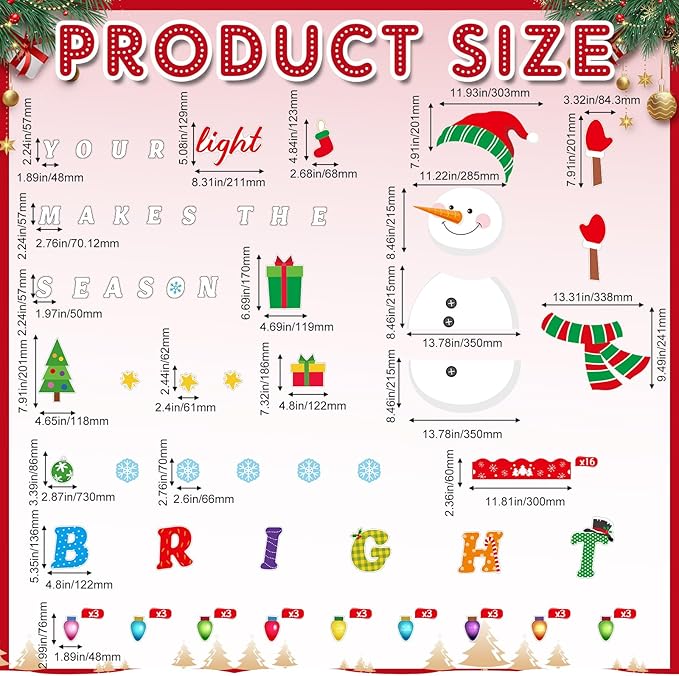 Funrous Christmas Bulletin Board Decoration Set Xmas Tree Classroom Decor Snowman Santa Claus Gnome Snowflake Cutout Winter Border Trim for Xmas Holiday Office Wall Door Supplies (Light Bulb)