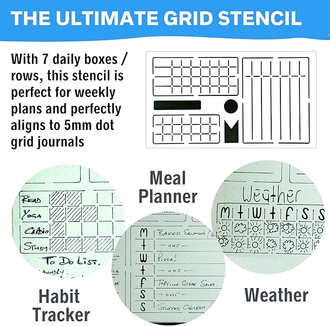 Ultimate Productivity Journal Stencil Set - Custom-Designed Supplies for Bullet Dotted Journal Planners, DIY Templates to Create Calendars, Lists, Letters, Numbers, Habit Trackers by Sunny Streak