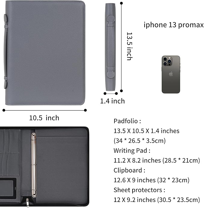 Wonderpool Travel Zippered Portfolio 3 Ring Binder A4 Padfolio Document Case with Removable Clipboard Legal Pad Holder, Business Office School Organizer for Men and Women (Gray)