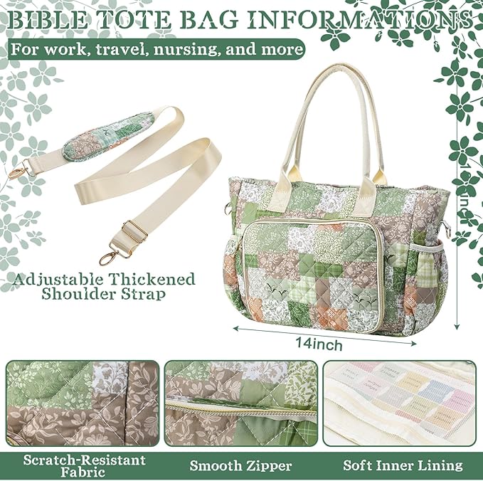 Large Bible Bag Quilted Bible Cover Case Kit for Women Church Bag with Shoulder Strap Study Supplies Christian Gifts(Splicing Floral)