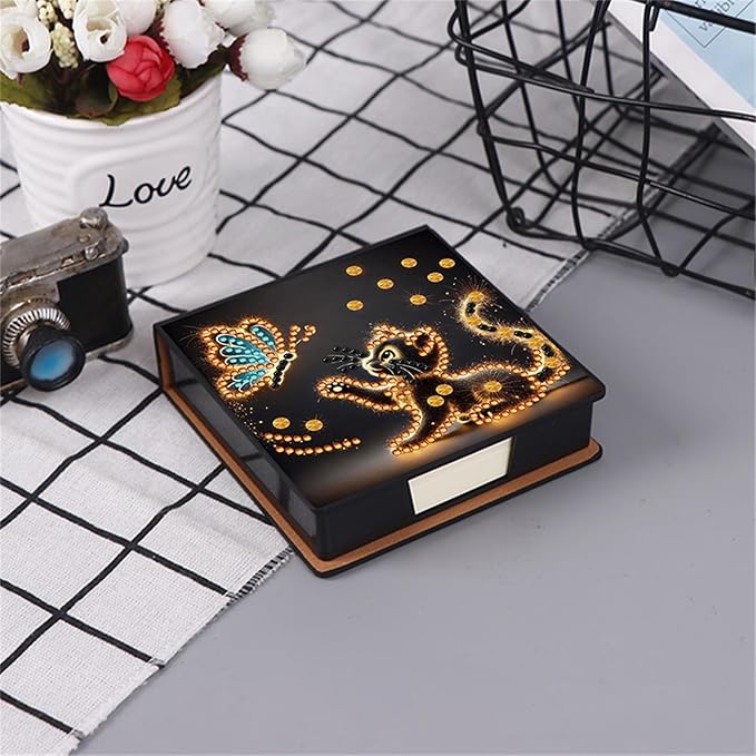Cat Diamonds Painting Kit Note Box,Animal Memo Paper Storage Box Diamond Art,Sticky Note Holder Diamond Art,Diamond Painting Memo Pad For Office Desk. (Cat)