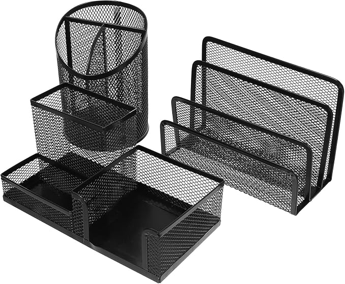 3Pcs Mesh Desk Organizer Pen Holder Set with Multi-Compartment Storage, Black Metal Office Supply Organizers for Student and Office Desk Use